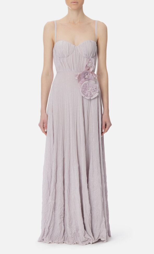 Red Carpet dress made of lurex jersey fabric with embroidered flower