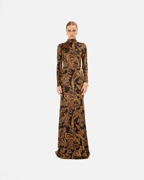 GOLDEN-BROWN PAISLEY HIGH-NECK DRESS GOLDEN-BROWN PAISLEY HIGH-NECK DRESS