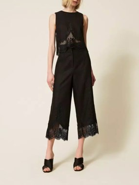 Linen cropped trousers with lace