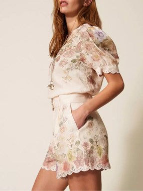 Linen floral shorts with embroidery
