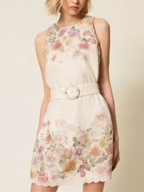 Linen floral short dress with embroidery